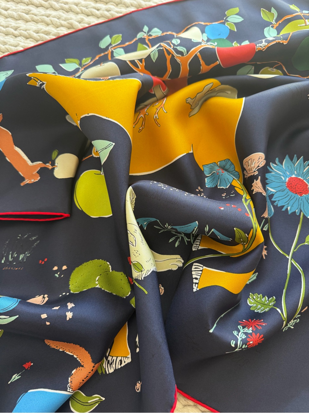 Hermes Navy Silk Scarf With Yellow Green Blue And Red Accents